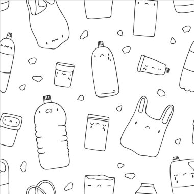 Plastik Nesneler ile Dikişsiz siyah ve beyaz desen - şişe, çanta, saman. El çizilmiş plastik çizgi film karakterleri ile vektör doku. Kirlilik arka plan. Sıfır atık yaşam tarzı illüstrasyon