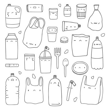 Siyah ve Beyaz el plastik nesneler seti çizilmiş. Geri Dönüşüm vektör koleksiyonunu azalt'ı yeniden kullanın. Karikatür tarzında sevimli üzgün plastik karakterler