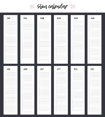 Vektör Takvimi 2020 tasarımı. Yazdırılabilir şablon - İnce Takvim yılı 2020. Minimalist tasarım. Yazdırılabilir ve kullanıma hazır tasarım şablonu