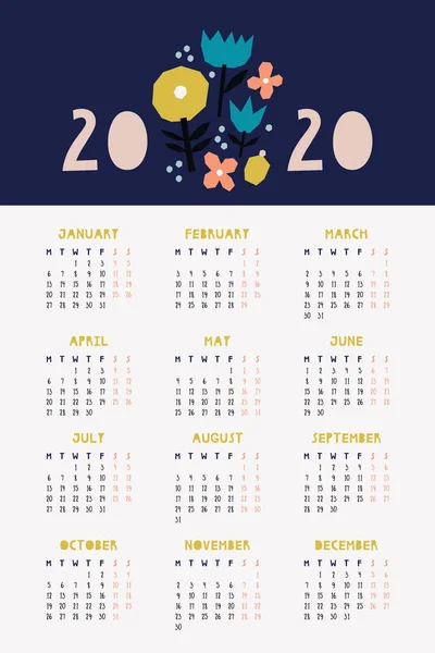 Vektorkalenderentwurf 2020 Druckbare Kalendervorlage Schöne Vektorschablone Mit Ausgeschnittenen Blumen — Stockvektor