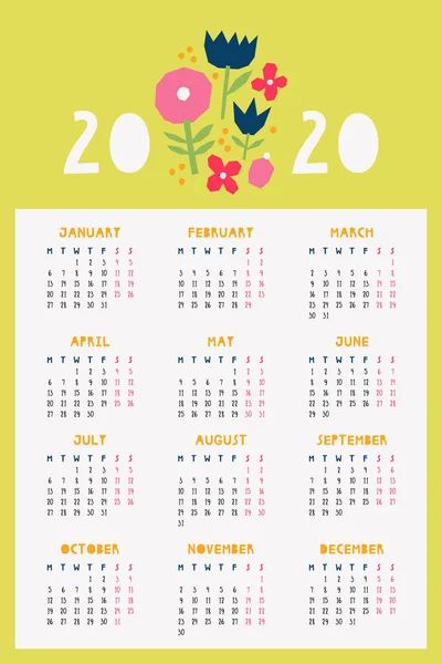 Diseño Del Calendario Vectorial 2020 Plantilla Calendario Imprimible Hermosa Plantilla — Archivo Imágenes Vectoriales