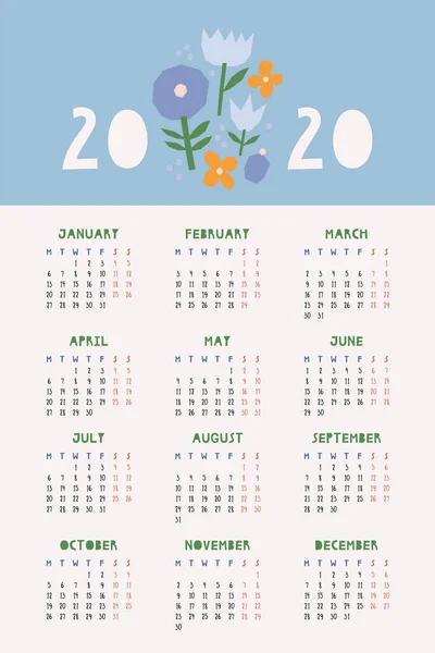 Diseño Del Calendario Vectorial 2020 Plantilla Calendario Imprimible Hermosa Plantilla — Archivo Imágenes Vectoriales