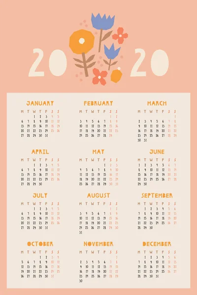 Diseño Del Calendario Vectorial 2020 Plantilla Calendario Imprimible Hermosa Plantilla — Archivo Imágenes Vectoriales