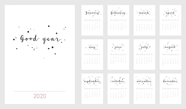 好年美丽的月历2020年 可打印并可供使用设计模板 时尚的单色文具设计 2020 年最小矢量日历 — 图库矢量图片