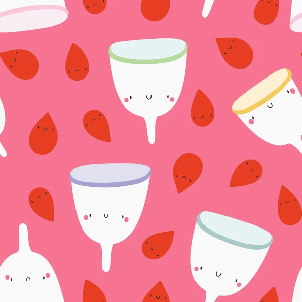 Lindo Patrón Sin Costuras Con Copas Menstruales Gotas Sangre Ciclo — Archivo Imágenes Vectoriales