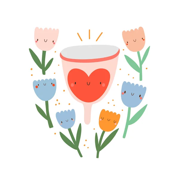 Menstruele Beker Met Smiley Gezicht Een Bloemen Krans Vector Illustratie — Stockvector