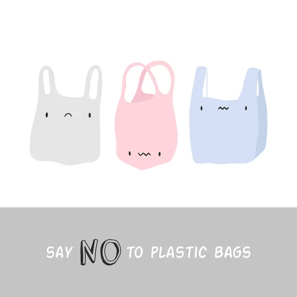 Say Plastic Plastic Bags Vector Illustration Cute Sad Plastic Bags — Stock Vector