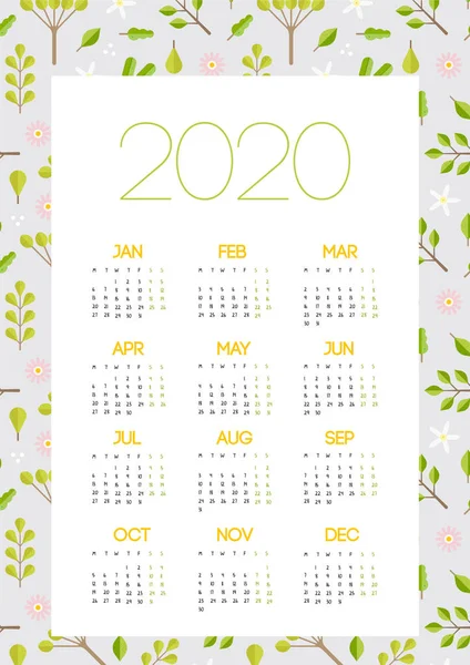 Calendrier 2020 Design Modèle Calendrier Imprimable Vectoriel Avec Motif Floral — Image vectorielle