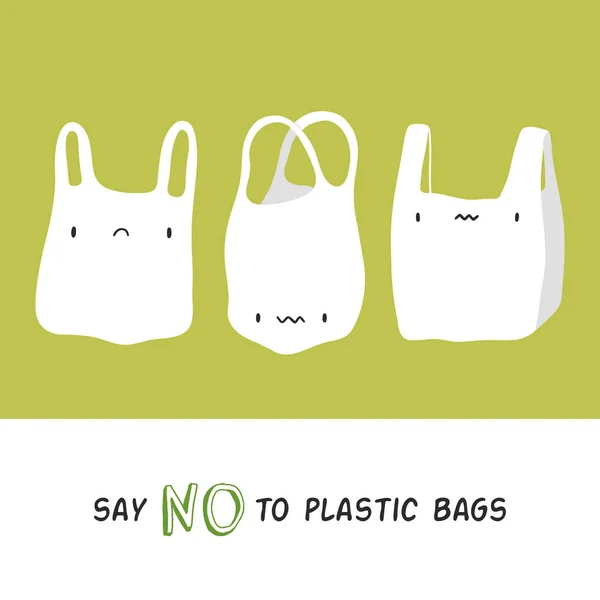 说不塑料到塑料袋 矢量插图 可爱的悲伤的塑料袋字符 零浪费生活方式背景 — 图库矢量图片