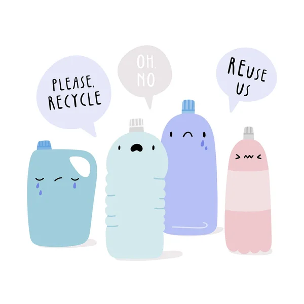 Cute sad plastic bottles characters. Zero waste lifestyle background