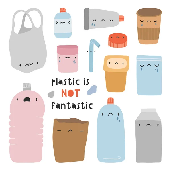 Plástico Não Fantástico Ilustração Vetorial Desenhada Mão Objetos Plástico Definido —  Vetores de Stock