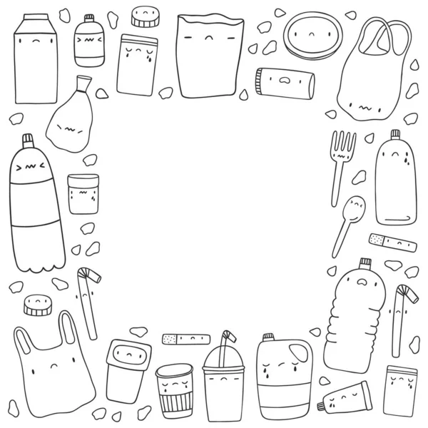 黑白手绘一组塑料物体 重用减少回收载体集合 可爱的悲伤塑料人物在卡通风格 — 图库矢量图片