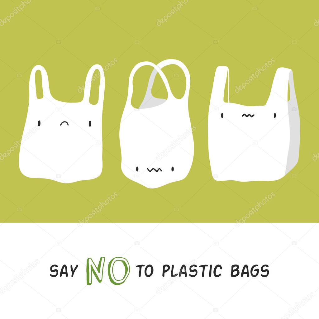 say no to plastic to plastic bags - vector illustration. Cute sad plastic bags characters. Zero waste lifestyle background