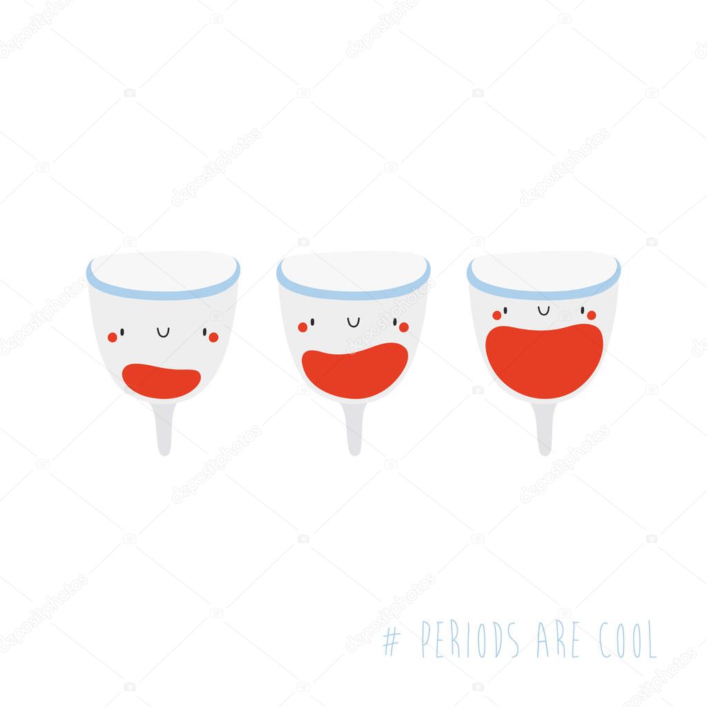 Cute Vector Menstrual Cup with with different amount of blood. Monthly Cycle hand drawn illustration. Positive Period image
