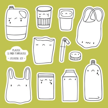 Plastik Torbalar 'a Hayır Deyin - vektör illüstrasyon. Üzgün kawaii Çanta karakterleri. Çevre dostu ve sıfır wast yaşam tarzı arka plan