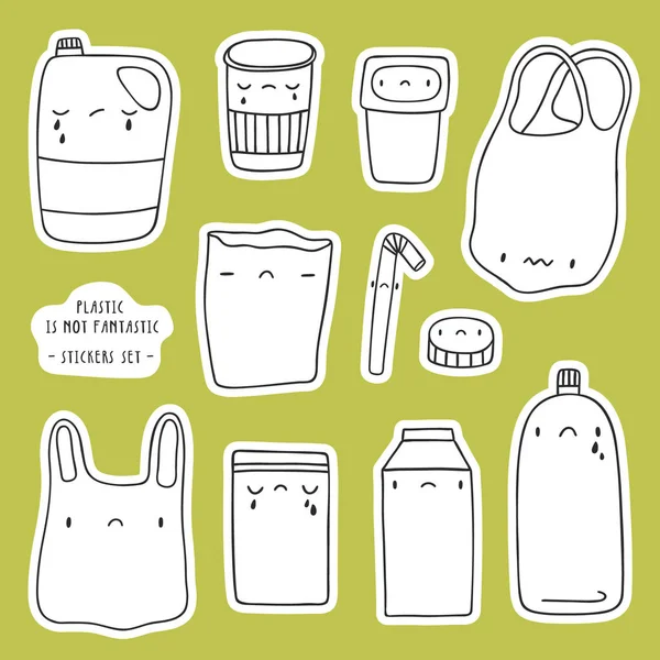 Plastik Torbalar 'a Hayır Deyin - vektör illüstrasyon. Üzgün kawaii Çanta karakterleri. Çevre dostu ve sıfır wast yaşam tarzı arka plan