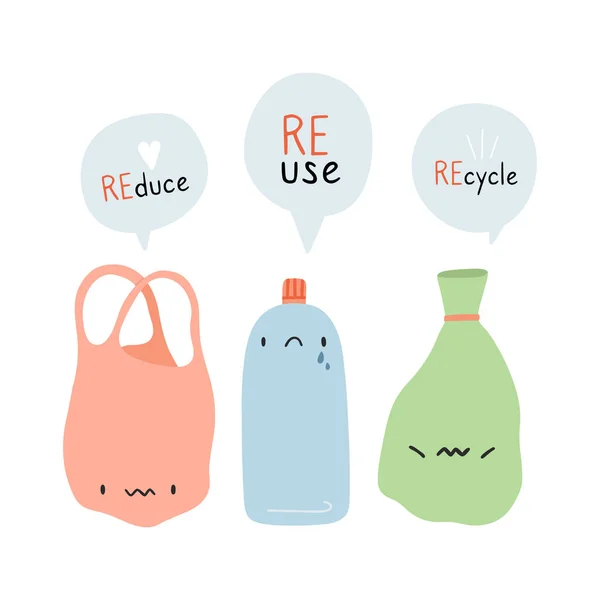 Please Recycle Cute Vector Illustration Cartoon Plastic Bottles Characters Reuse — Stock Vector