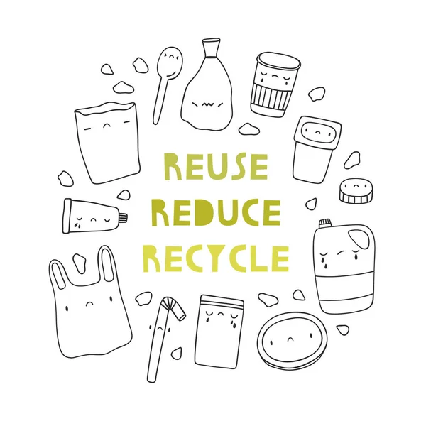 Reuse Reduce Recycle Vector Cute Illustration Hand Drawn Plastic Objects — Stock Vector