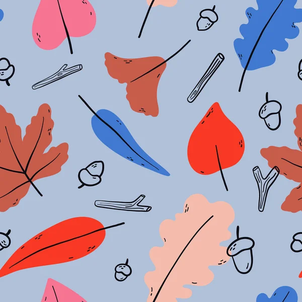 Schöne Nahtlose Textur Mit Verschiedenen Herbstblättern Eicheln Und Kleinen Ästen — Stockvektor
