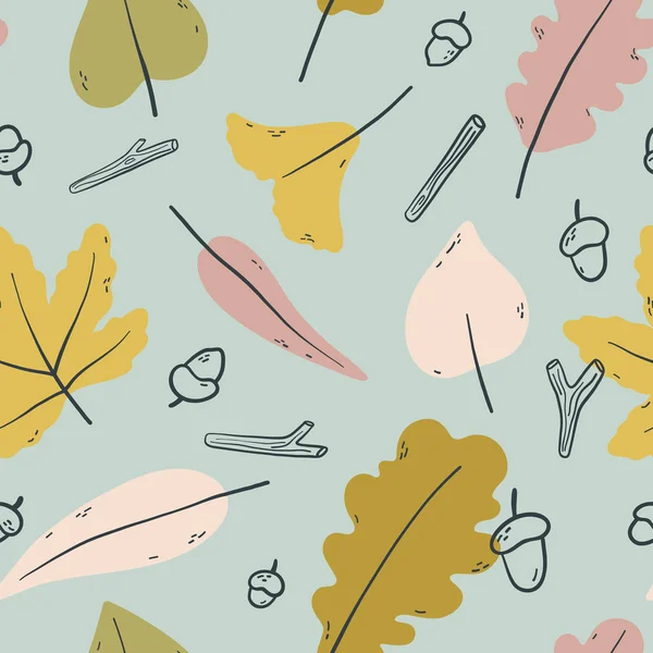 Beautiful Seamless Texture Different Autumn Leaves Acorn Small Branches Vector — ストックベクタ