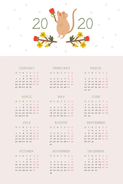 Super Cute Vector Calendar 2020 Year Ready Use Calendar Template — Stock Vector