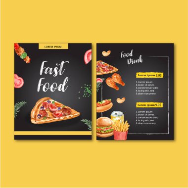Metin ve vektör illüstrasyonlu biçimlendirilmiş fast food menü şablonu tasarımı