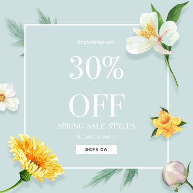 Şablon bahar çiçekleri tasarımı metin, vektör illüstrasyonu