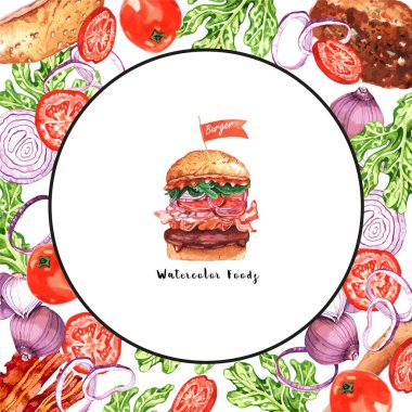 Çeşitli yiyeceklere ve büyük hamburger şablonuna sahip şık bir poster, metin, vektör illüstrasyonu