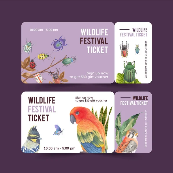 stylish insects and birds tickets template design with text, vector illustration