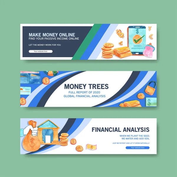 Finanz Banner Design Mit Währungs Wirtschafts Banken Und Business Aquarell — Stockvektor