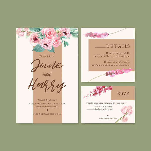 Stilvolle Blumen Charmante Hochzeitskarten Vorlage Design Mit Text Vektorillustration — Stockvektor