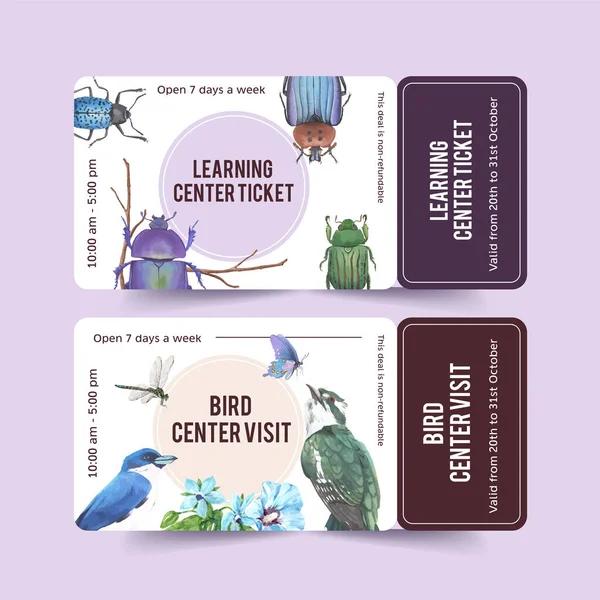 stylish insects and birds tickets template design with text, vector illustration