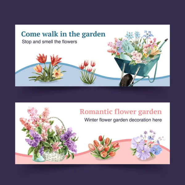 Elegante Modello Fiori Giardino Banner Design Con Testo Illustrazione Vettoriale — Vettoriale Stock