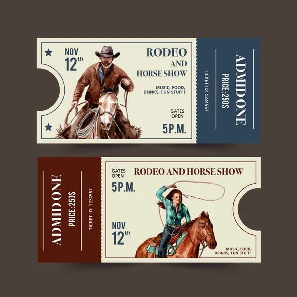 Stylish Cowboy Tickets Template Design Text Vector Illustration — Stock Vector