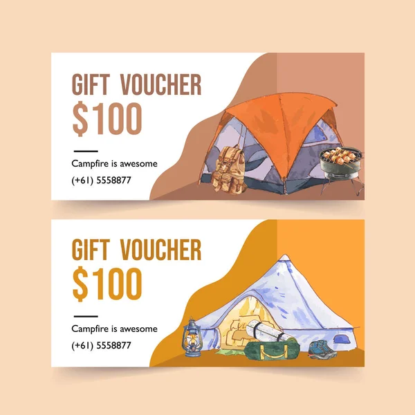 stylish camping vouchers template design with text, vector illustration