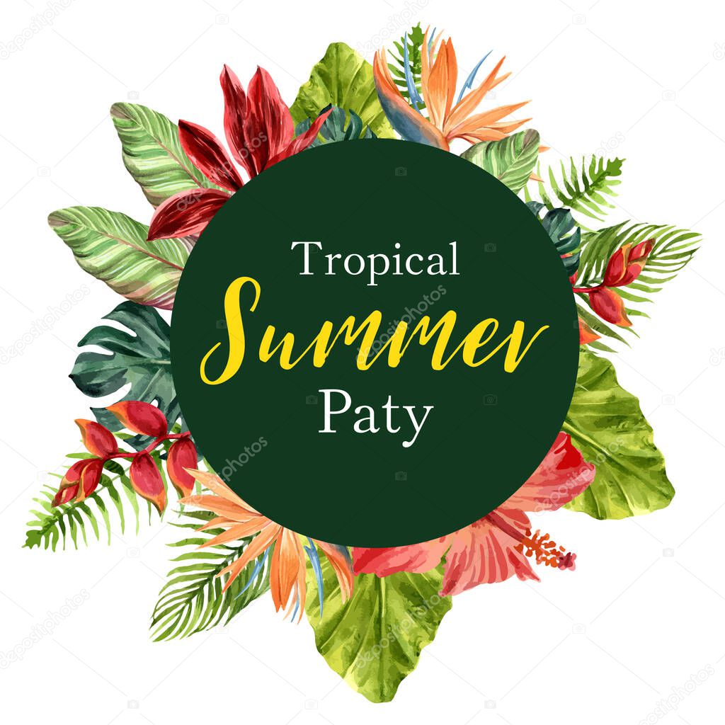 tropical wreath stylish template design with text, vector illustration