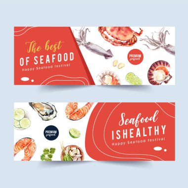 Dünya tarzı deniz ürünleri afişleri metin ve vektör illüstrasyonlu tasarım şablonu