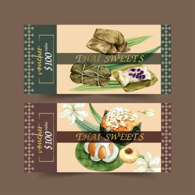 şık thais-sweet food kuponları şablon tasarımı metin, vektör illüstrasyonu