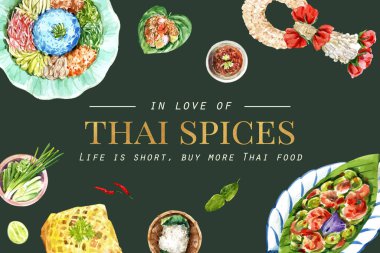 Metin ve vektör illüstrasyonlu stil Tayland yemek çerçevesi şablonu tasarımı