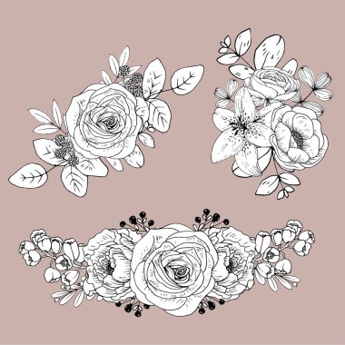 Hafif arka planda izole edilmiş sevimli çiçek çizgileri. El çizimi buket