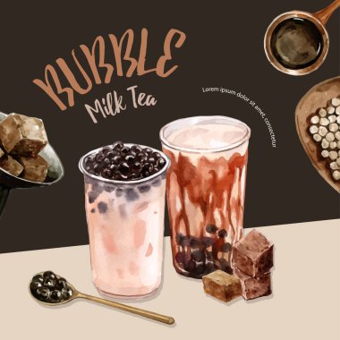 Stili sütlü çay posteri tasarımı metin, vektör illüstrasyonu