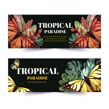 tropikal sancaklar, metin ve vektör illüstrasyonlu şablon tasarımı