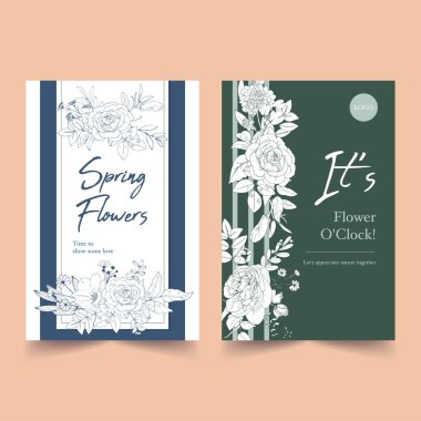 Çizgi çiçek çerçevesi bahar çiçeği çizimini dekorasyon ve bahçe arkaplanı için suluboya lekeleri taklit ederek dizayn eder  