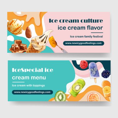 şık dondurma pankartları metin ve vektör illüstrasyonlu şablon tasarımı