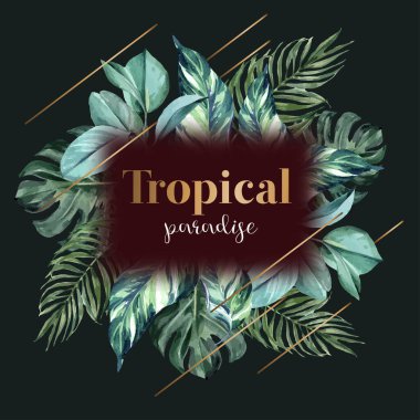 Metin ve vektör illüstrasyonlu tropikal çelenk tasarımı