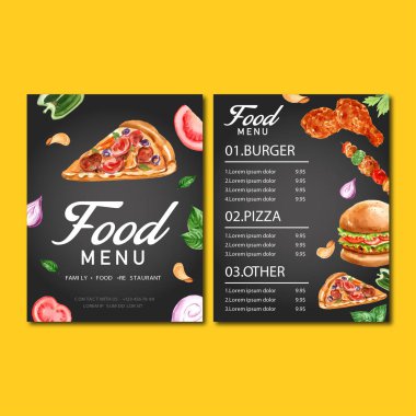 Metin ve vektör illüstrasyonlu biçimlendirilmiş fast food menü şablonu tasarımı