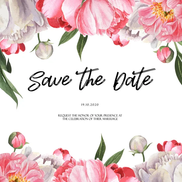 Pink Peony blooming flower botanical watercolor wedding cards invitation floral aquarelle . Design invitation card, save the date, marriage illustration vector.