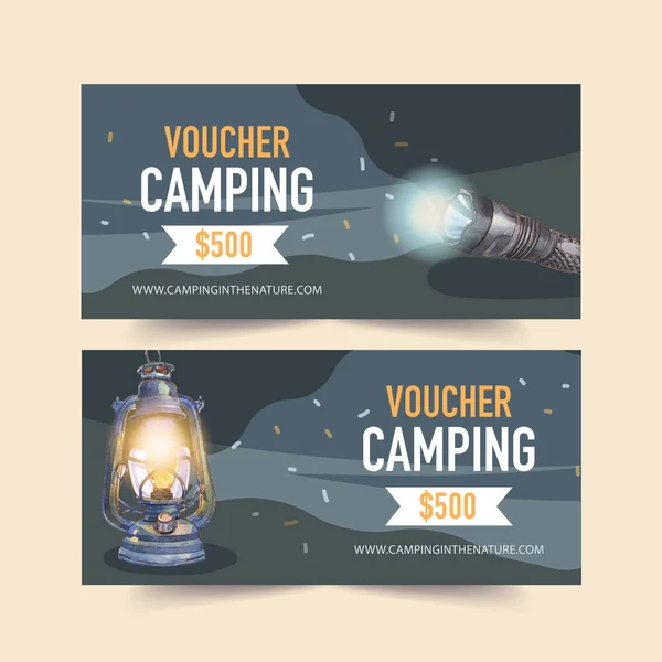 Diseño Plantillas Cupones Camping Con Estilo Con Texto Ilustración Vectorial — Vector de stock