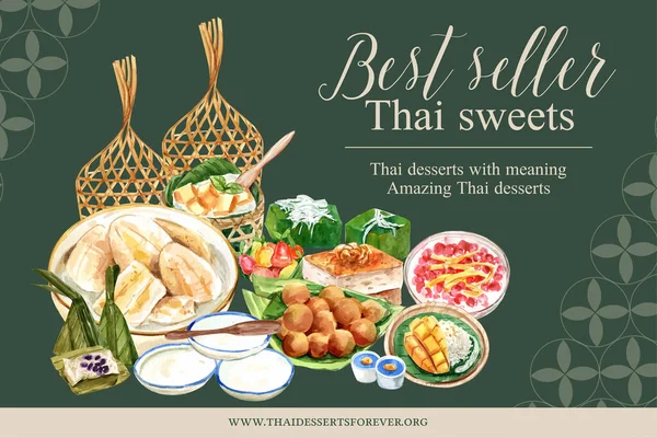 Stylowy Thais Słodki Żywności Ramki Szablon Projekt Tekstem Wektor Ilustracja — Wektor stockowy