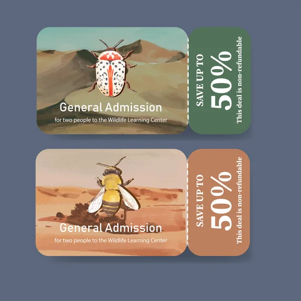 stylish insects and birds tickets template design with text, vector illustration